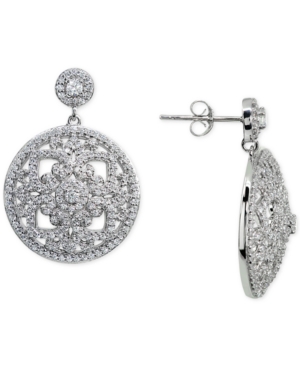 image of Cubic Zirconia Floral Openwork Disc Drop Earrings in Sterling Silver