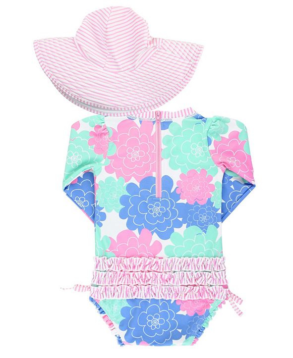 RuffleButts Toddler Girls Long Sleeve Rash Guard Swimsuit Swim Hat Set
