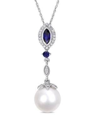 image of Freshwater Cultured Pearl (10-10.5mm), Created Blue Sapphire (1/2 ct. t.w) and Diamond (1/7 ct. t.w.) 17