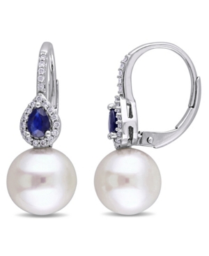 image of Freshwater Cultured Pearl (9-9.5mm), Sapphire (3/8 ct. t.w.) and Diamond (1/8 ct. t.w.) Pear Drop Earrings in 14k White Gold