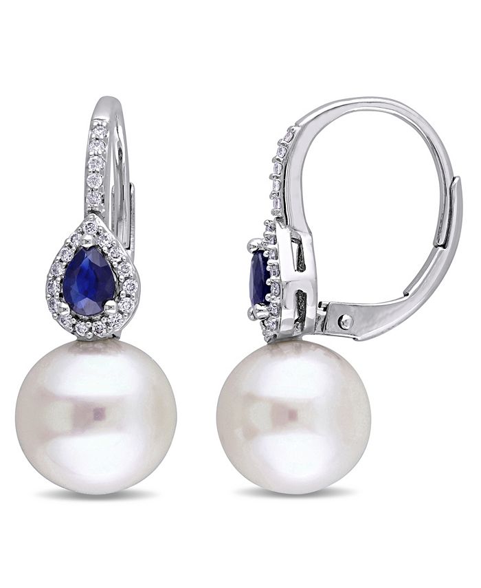 Macy's - Freshwater Cultured Pearl (9-9.5mm), Sapphire (3/8 ct. t.w.) and Diamond (1/8 ct. t.w.) Pear Drop Earrings in 14k White Gold