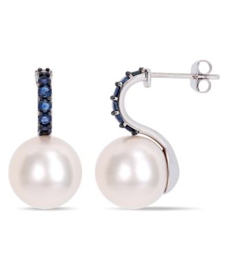 Macy's - Freshwater Cultured Pearl (11-12mm) and Sapphire (5/8 ct. t.w.) Drop Earrings in 10k White Gold