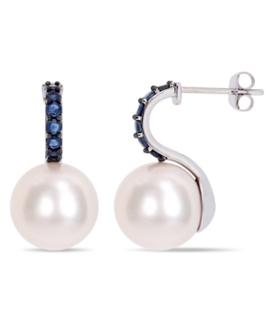 image of Freshwater Cultured Pearl (11-12mm) and Sapphire (5/8 ct. t.w.) Drop Earrings in 10k White Gold
