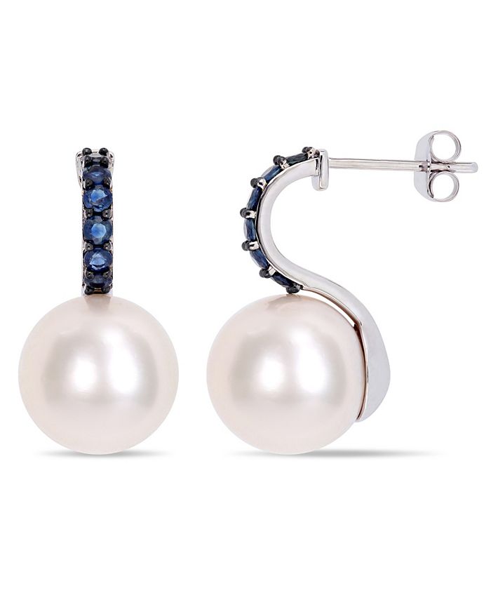 Macy's - Freshwater Cultured Pearl (11-12mm) and Sapphire (5/8 ct. t.w.) Drop Earrings in 10k White Gold