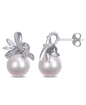 image of Freshwater Cultured Pearl (9.5-10mm), White Topaz (2/5 ct. t.w) and Diamond (1/6 ct. t.w.) Ribbon Earrings in 10k White Gold