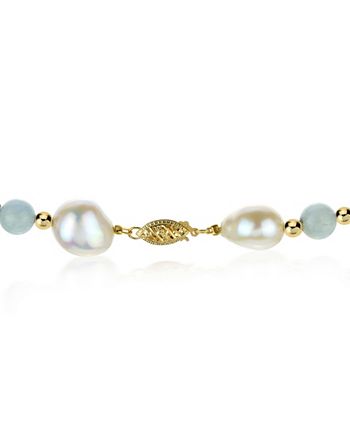 Macy's - White Freshwater Cultured Pear (11-12mm) with Blue Aquamarine (8mm) and Gold Beads (4mm) 18" Necklace in 14k Yellow Gold