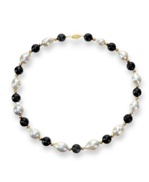image of White Baroque Freshwater Cultured Pearl (12-13mm) with Black Onyx (10mm) and Gold Beads (4mm) 18