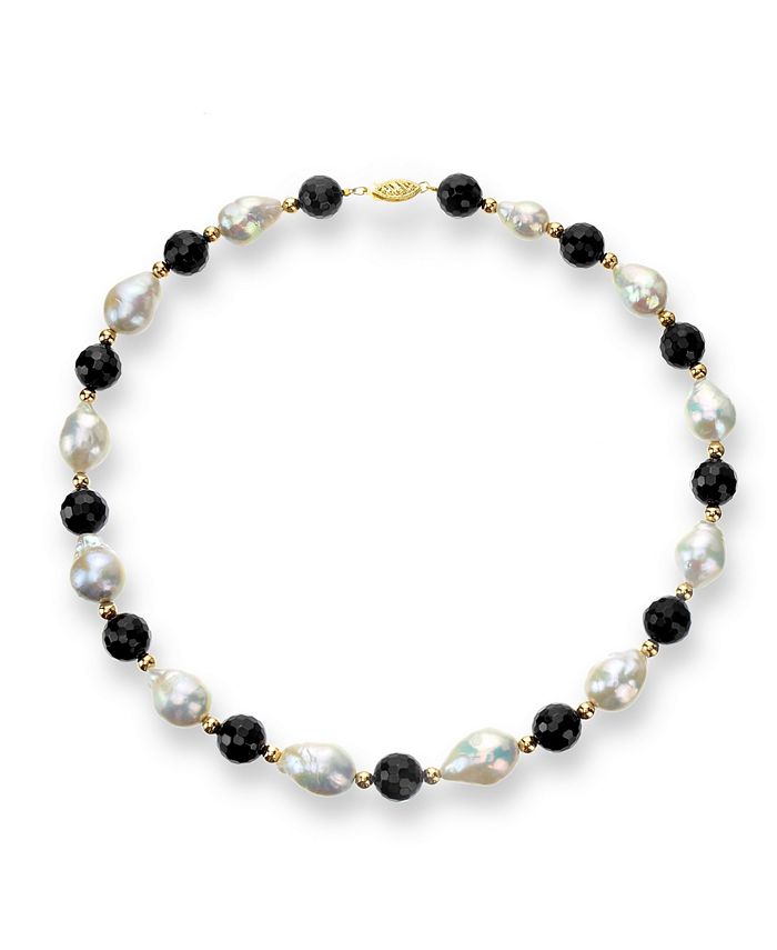 Freshwater White Baroque Pearl & Black Onyx Necklace,14k Yellow Gold 18" Long 