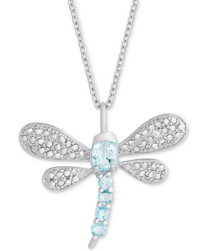 Macy's - Blue Topaz (3/4 ct. t.w.) & Diamond Accent Dragonfly 18" Pendant Necklace in Sterling Silver