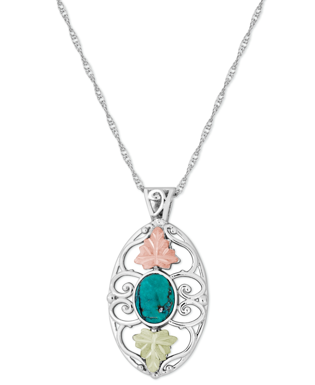Turquoise Pendant 18" Necklace in Sterling Silver with 12K Rose and Green Gold - Silver