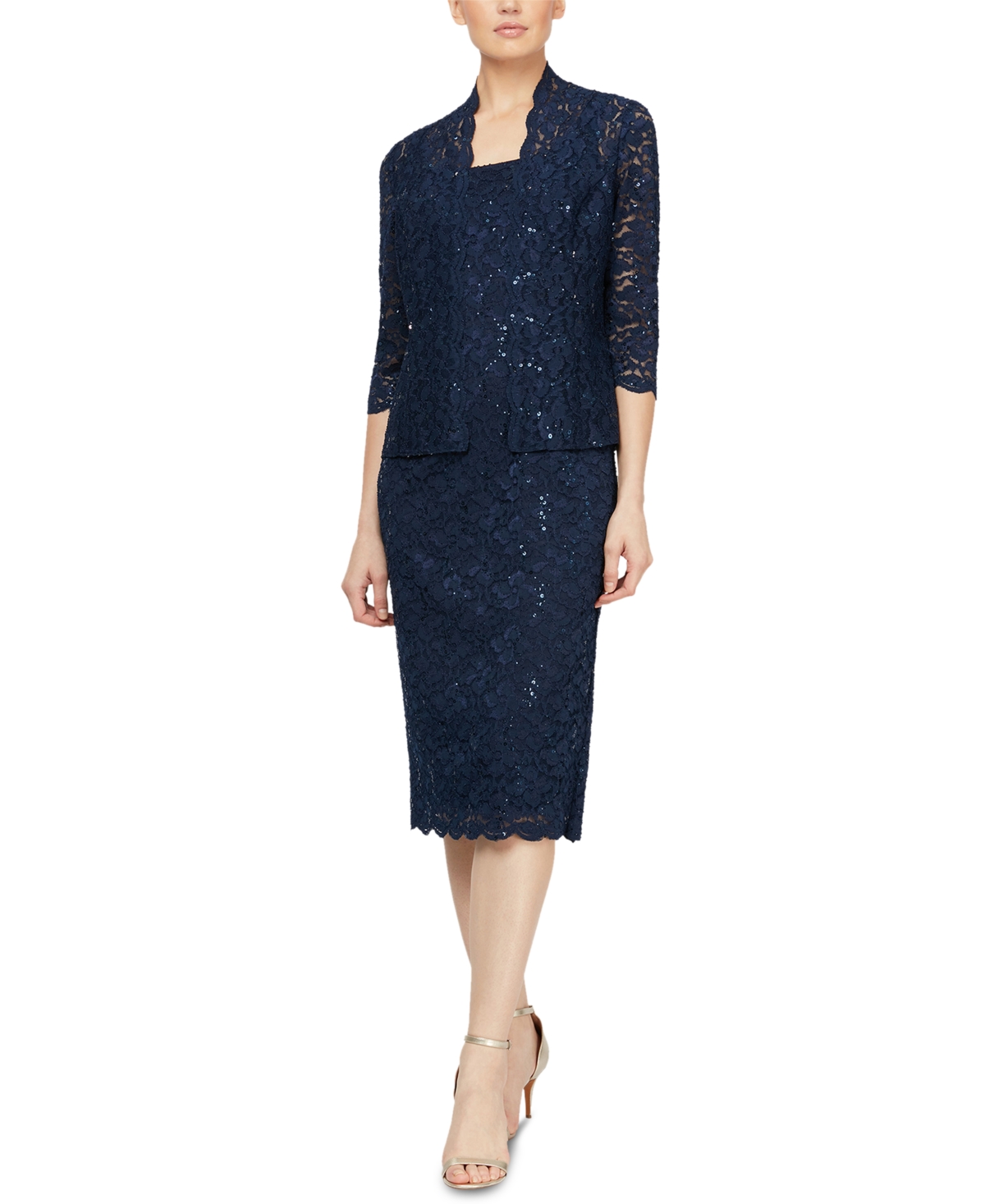 Sl Fashions Petite 2-pc. Lace Jacket & Midi Dress Set In Blue