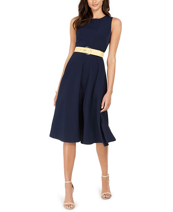 Vince Camuto Belted Sleeveless Midi Dress & Reviews - Dresses - Women - Macy&#39;s