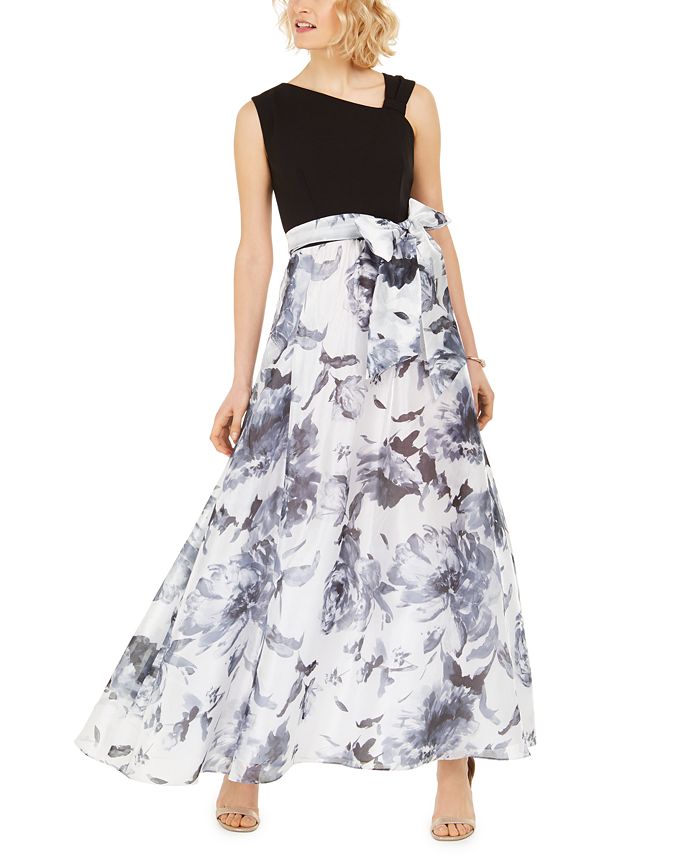 R & M Richards Petite Belted Floral-Skirt Gown - Macy's