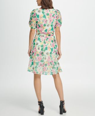 DKNY Women's Short Sleeve V-Neck Fit & Flare Dress – Seamed Design For Day To Night Wear