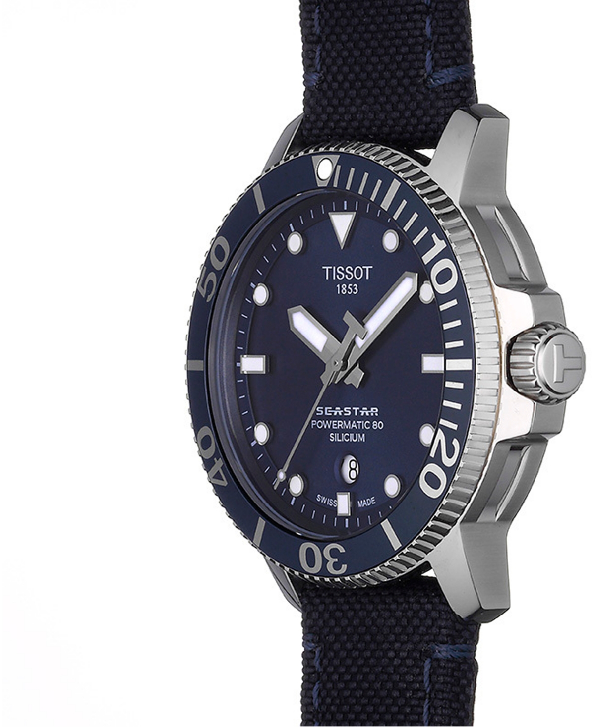 Tissot Men's Swiss Automatic T-Sport Seastar 1000 Powermatic 80 Silicium Blue Fabric Strap Diver Watch 43mm