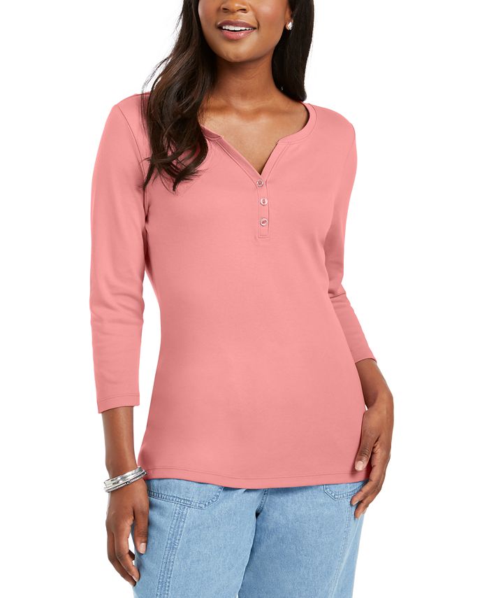 Karen Scott Womens Crochettrim Henley Top L Blush main image 0