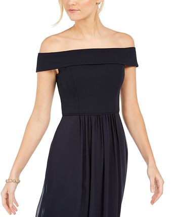 Adrianna Papell Women's Off The Shoulder Chiffon Gown Blue Size 4