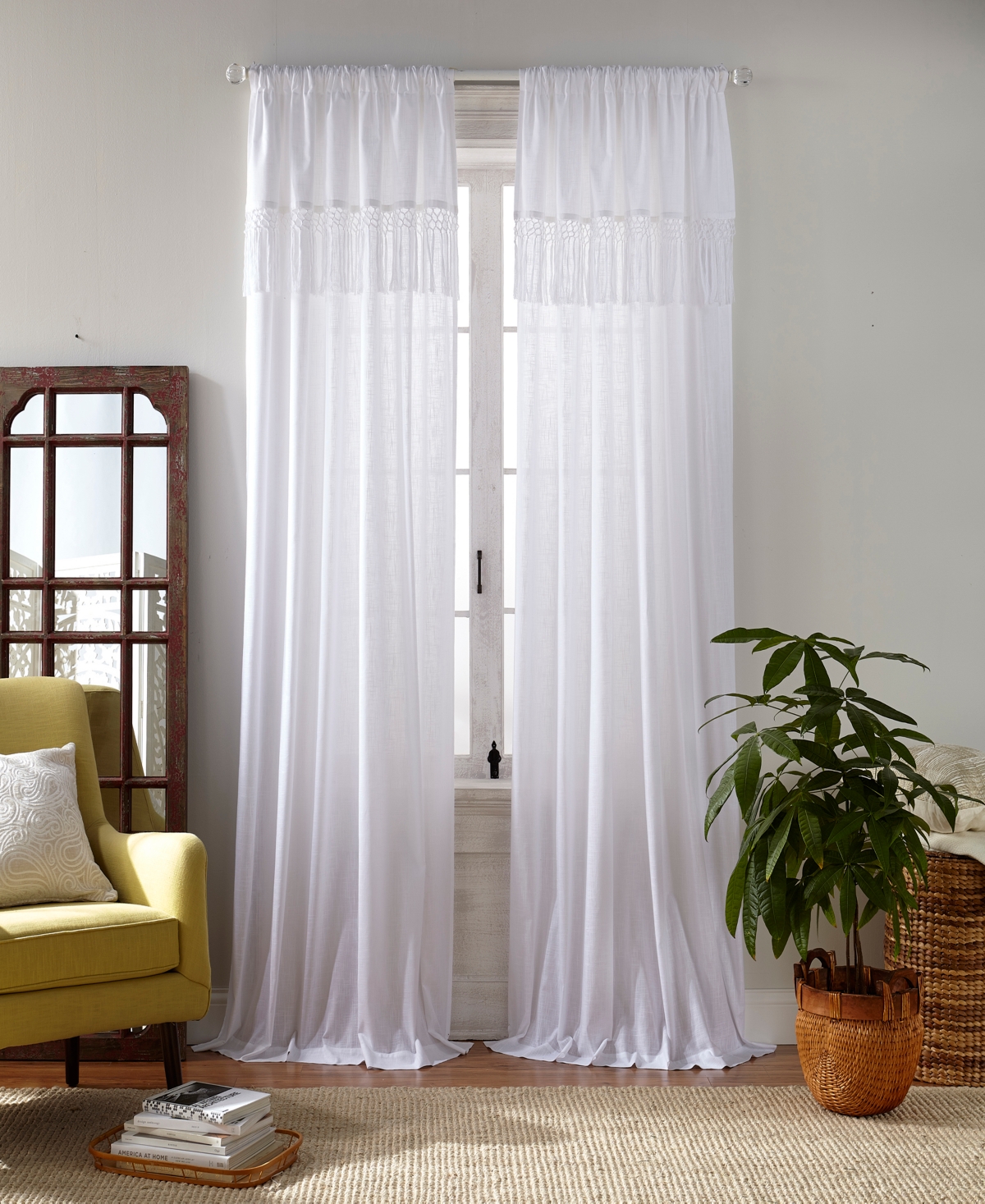 Calypso 52" x 84" Macrame Tassel Semi-Sheer Curtain Panel - Ivory