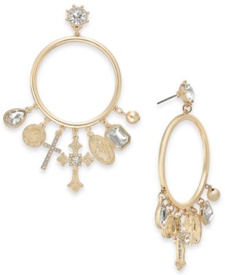 Thalia Sodi Gold-Tone Crystal Cross Charm Drop Hoop Earrings, Created ...