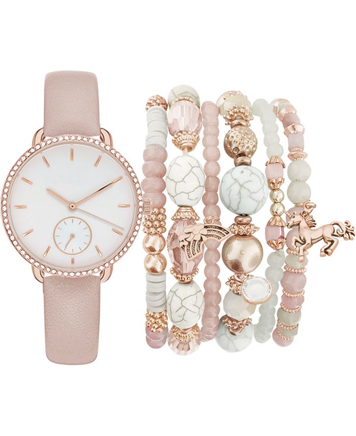 Jessica Carlyle Women's Blush Faux Leather Strap Watch 36mm Gift Set