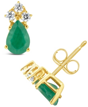 Macy's Emerald (1-3/8 Ct. T.w.) And Diamond (1/8 Ct. T.w.) Stud Earrings In 14k Yellow Gold (also In Sapphi In Emerald