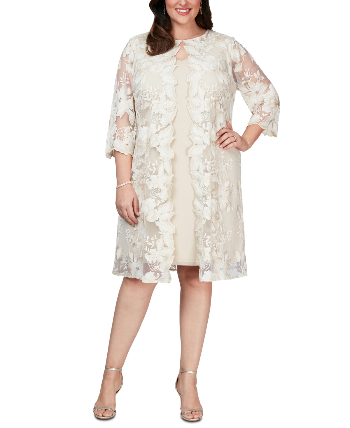 ALEX EVENINGS PLUS SIZE LAYERED-LOOK EMBROIDERED JACKET DRESS