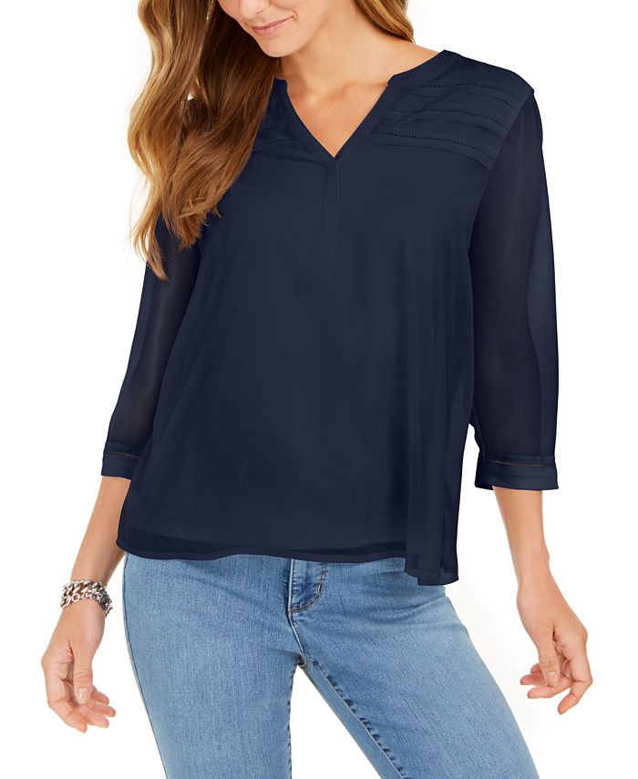 Charter Club Split-Neck Pintuck Top, Created for Macy's - Macy's