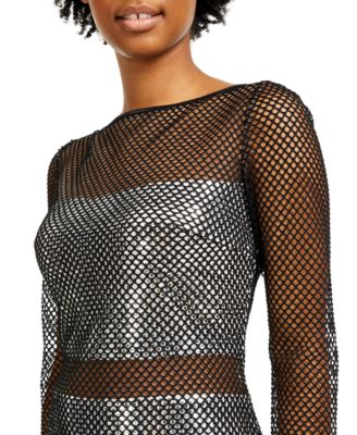 SHO Mesh-Overlay Metallic Bodycon Dress