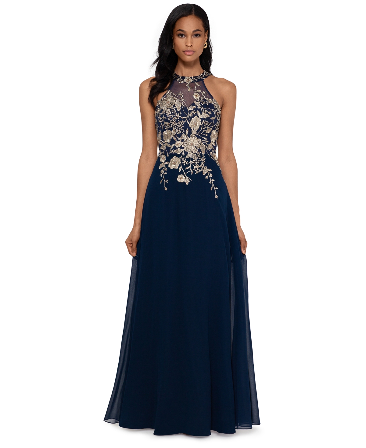 Petite Sleeveless Floral-Applique Illusion Gown - Navy/Gold Floral