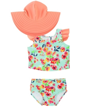image of RuffleButts Baby Girls Tulip Back 2-Piece Bikini Swimsuit with Bow Swim Hat Set
