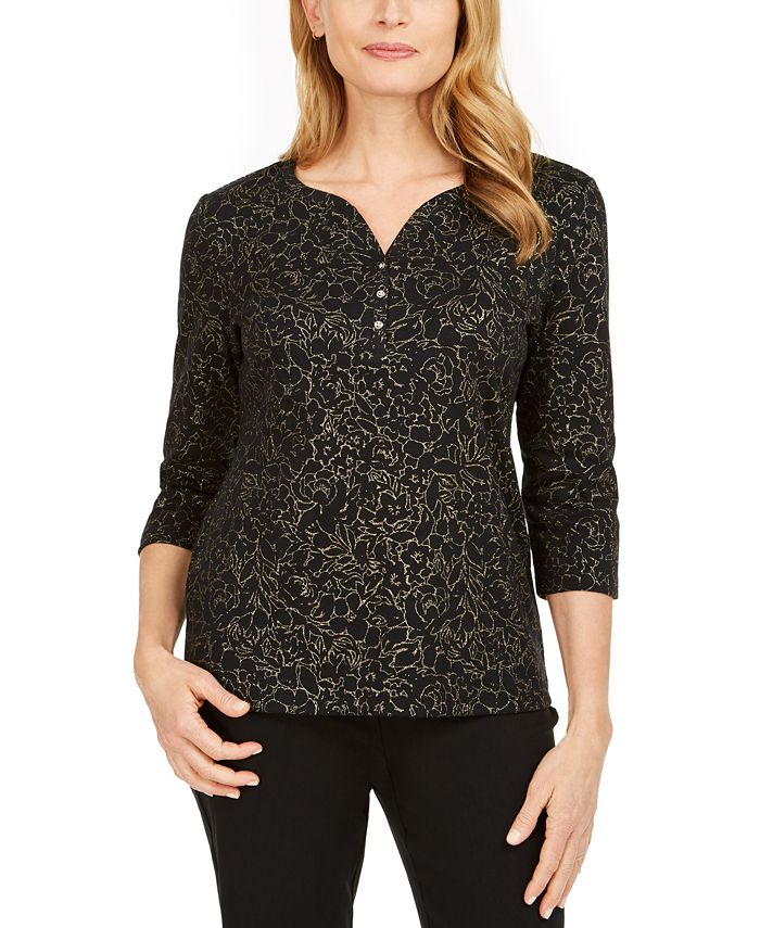 Karen Scott Petite FloralPrint Henley Top, Created for Macy's Macy's