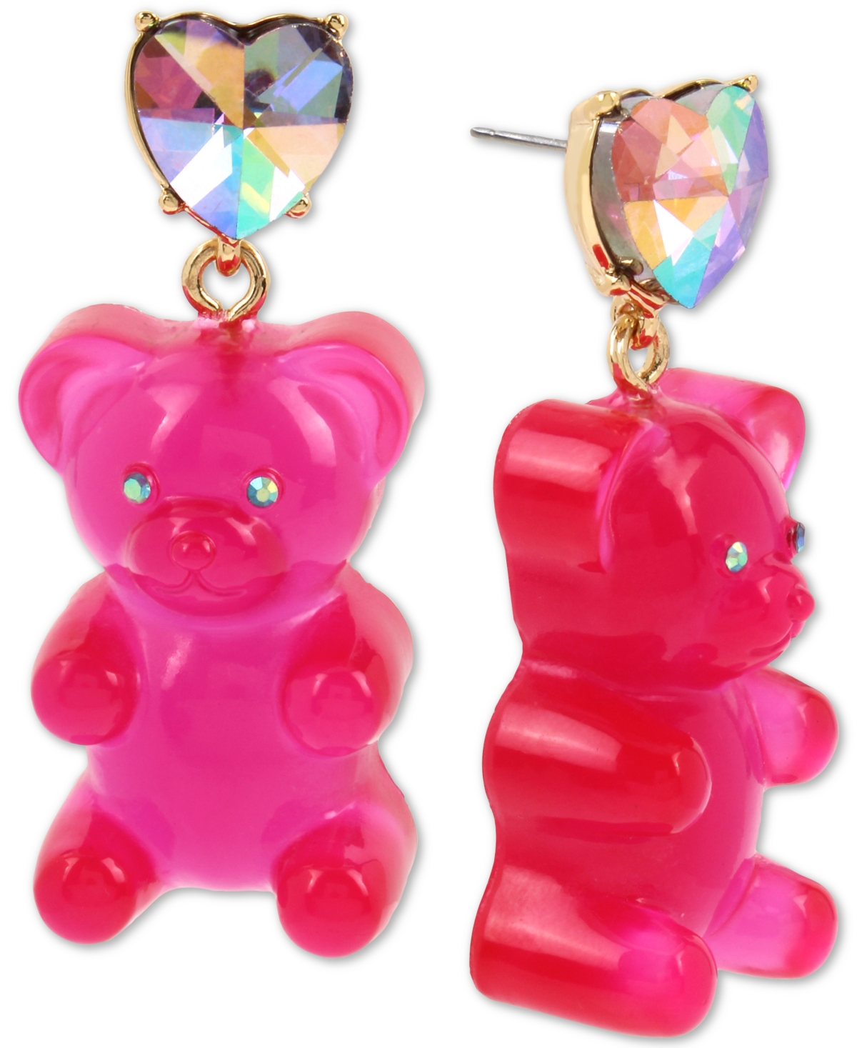 Gold-Tone Crystal Heart & Gummy Bear Drop Earrings - Pink