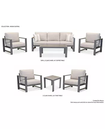 Aruba Grey Aluminum Outdoor 4-Pc. Seating Set (1 Sofa, 2 Club Chairs & 1 Coffee Table) with Sunbrella® Cushions, Created for Macy's