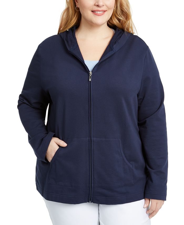 Karen Scott Womens Blue White Striped Full Zip Long Sleeve Sport Jacket  Plus 1X
