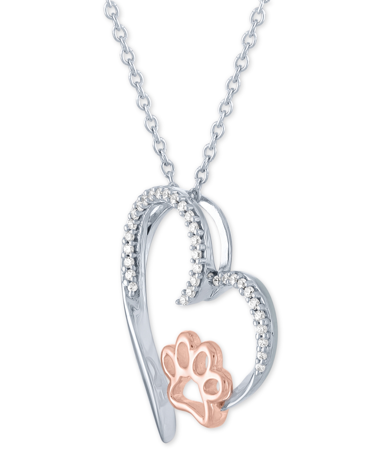 Diamond Heart & Paw Pendant Necklace (1/10 ct. t.w.) & 14k Rose Gold-Plate, 16