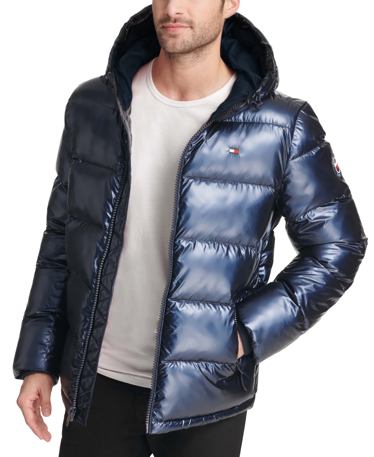 TOMMY HILFIGER MEN'S PEARLIZED PERFORMANCE HOODED PUFFER COAT