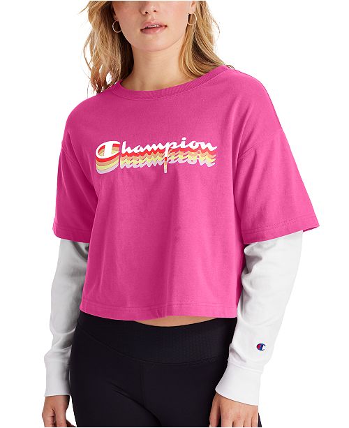 Champion Women S Cotton Logo Layered Look Cropped Shirt