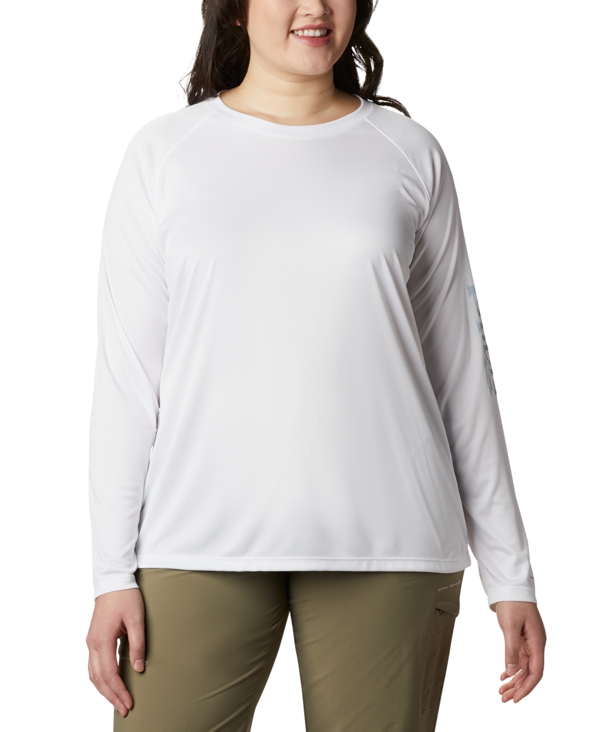 Columbia Plus Size Pfg Tidal Tee Ii Omni-shade T-shirt In White,cirrus Grey Logo