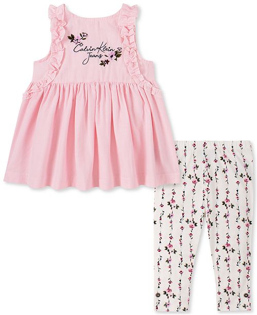 Calvin Klein Baby Girls 2 Pc Ruffle Tunic Floral Print Leggings