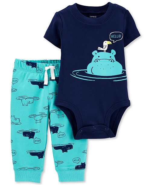 Carter S Baby Boys 2 Pc Hippo Cotton Bodysuit Pants Set
