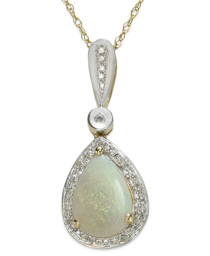 Macy's - 14k Gold and 14k White Gold Necklace, Opal (7/8 ct. t.w.) and Diamond (1/10 ct. t.w.) Pear-Shaped Pendant