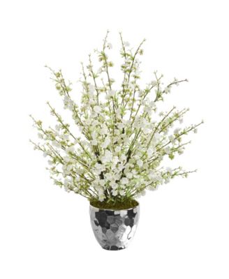 Nearly Natural - 29in. Cherry Blossom Artificial Arrangement in Silver Bowl