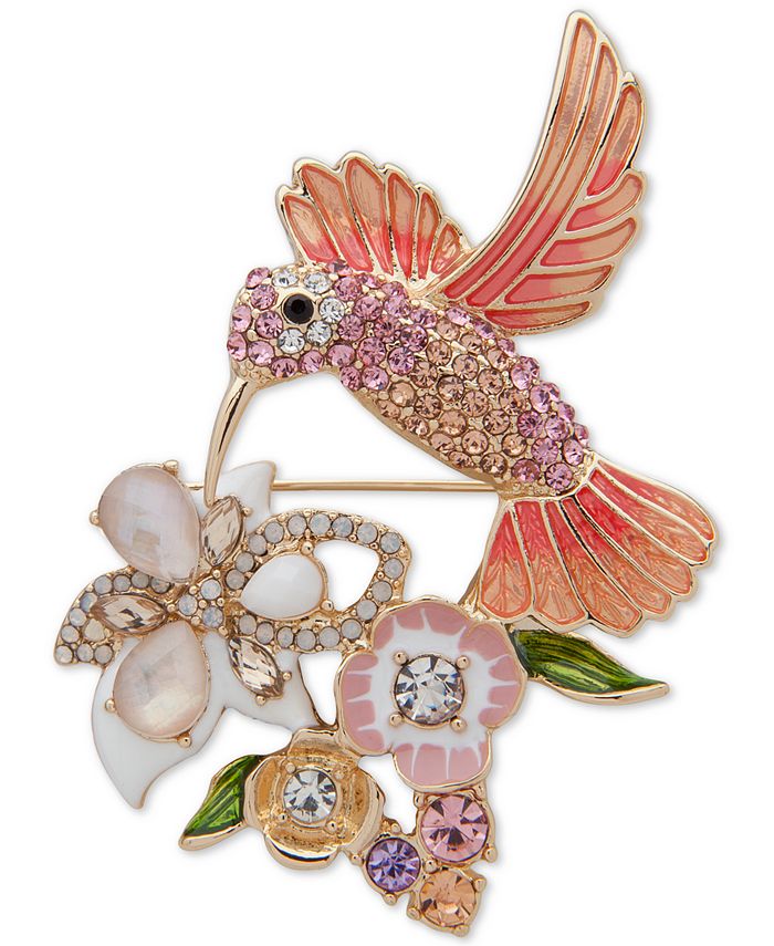 Vintage Gold Tone Hummingbird Brooch - Multi Color Austrian Crystal Pin For Women & Men