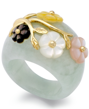 Jade and Multicolored Mother of Pearl (8mm) Flower Ring in 14k Gold over Sterling Silver
