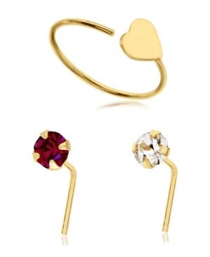 image of Bodifine 10K Gold- Tone Heart Nose Hoop Crystal Nose Studs - Set Of 3