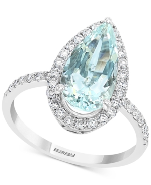 image of Effy Aquamarine (3 ct. t.w.) & Diamond (3/8 ct. t.w.) Halo Pear Teardrop Ring in 14k White Gold
