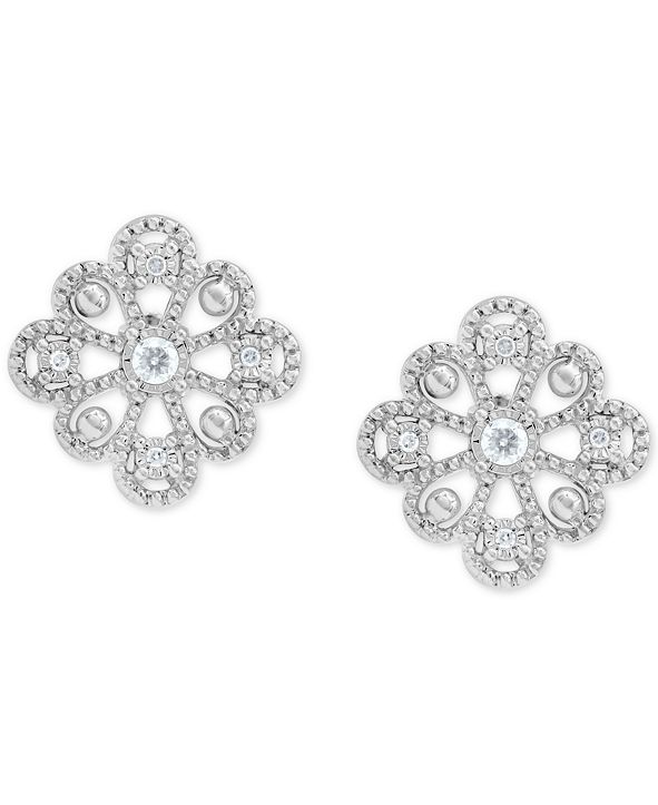 Macy's 2-Pc. Set Diamond Flower Pendant Necklace & Matching Stud ...
