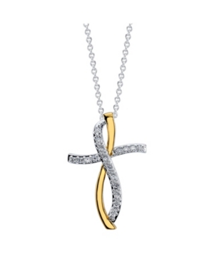 image of Gratitude & Grace Two-Tone Gold Flash Plated Cubic Zirconia Ribbon Cross Pendant Necklace