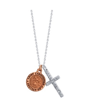 image of Gratitude & Grace Rose Gold Two-Tone Saint Christopher Coin and Crystal Cross Pendant Necklace