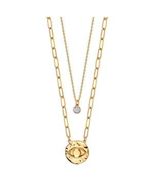 image of Unwritten Gold Flash Plated Evil Eye Disk Layered Pendant Necklace with Cubic Zirconia Pendant